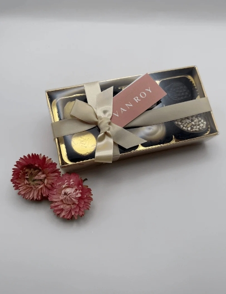 Box of assorted Belgian chocolates with mixed milk, dark and white pieces